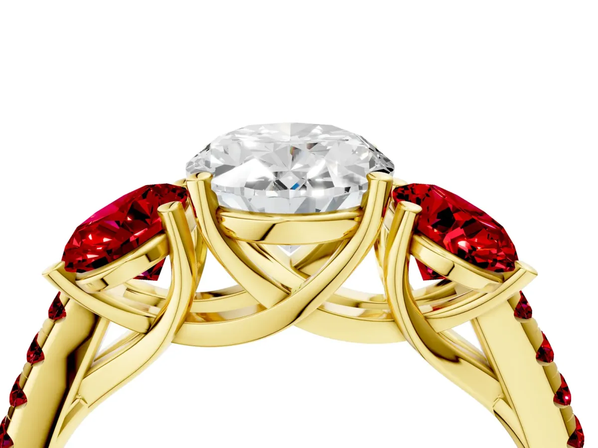 Three-Stone Oval Cut Diamond Ring with Round Ruby Pavé Band and Prong Setting Yellow gold