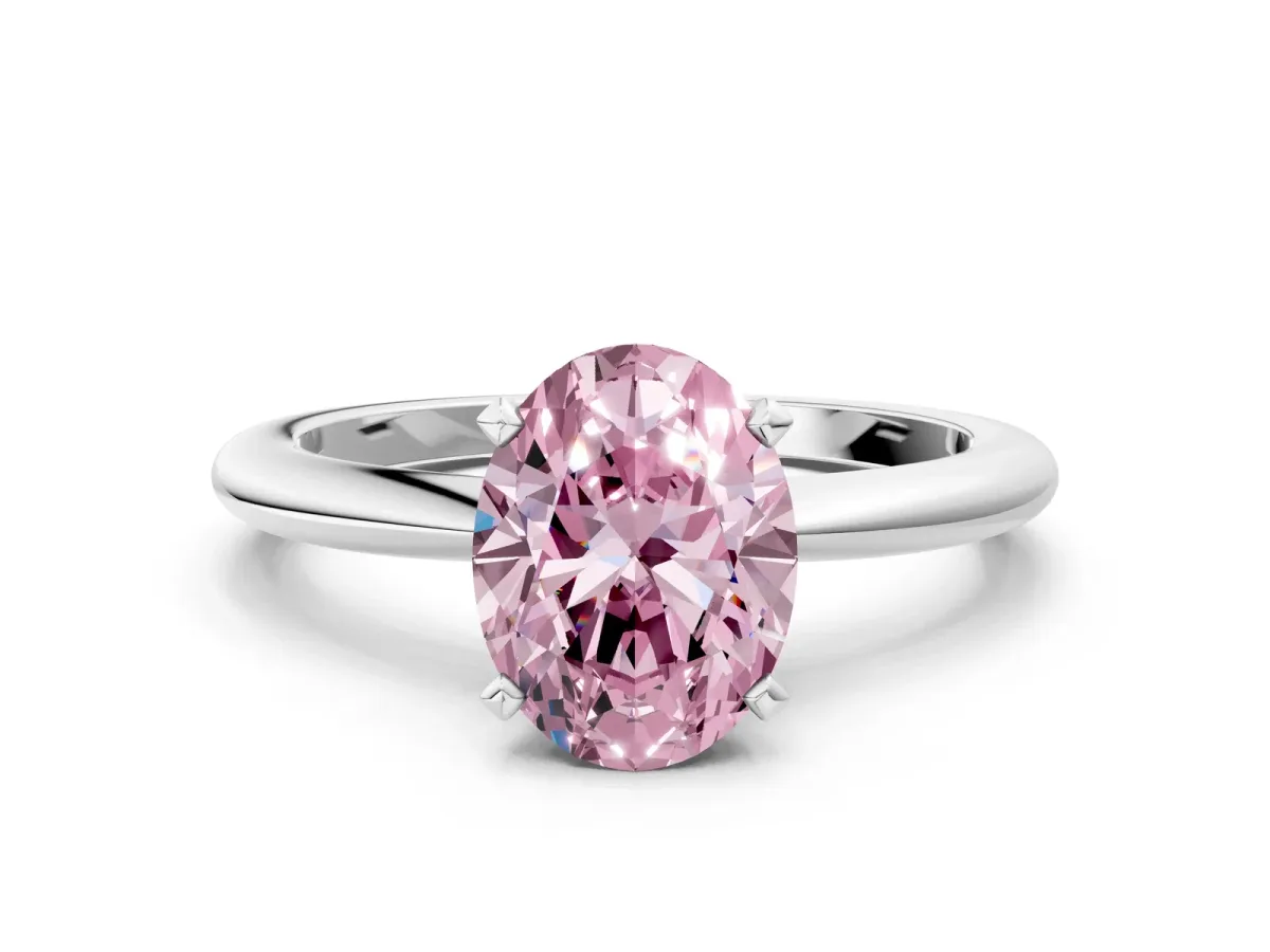 Fancy Pink Oval Cut Diamond Solitaire Ring with Six-Prong Setting and Classic Band Silver