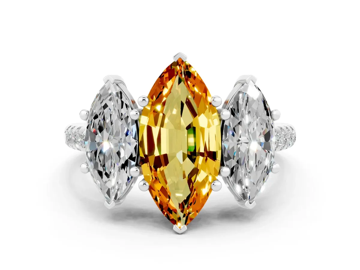 Three-Stone Marquise Cut Citrine Ring with Round Pavé Band and Prong Setting Silver