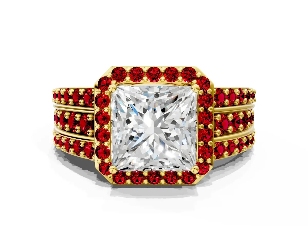 Princess Cut Halo Diamond Ring with Round Ruby Split Shank and Prong Setting Yellow gold