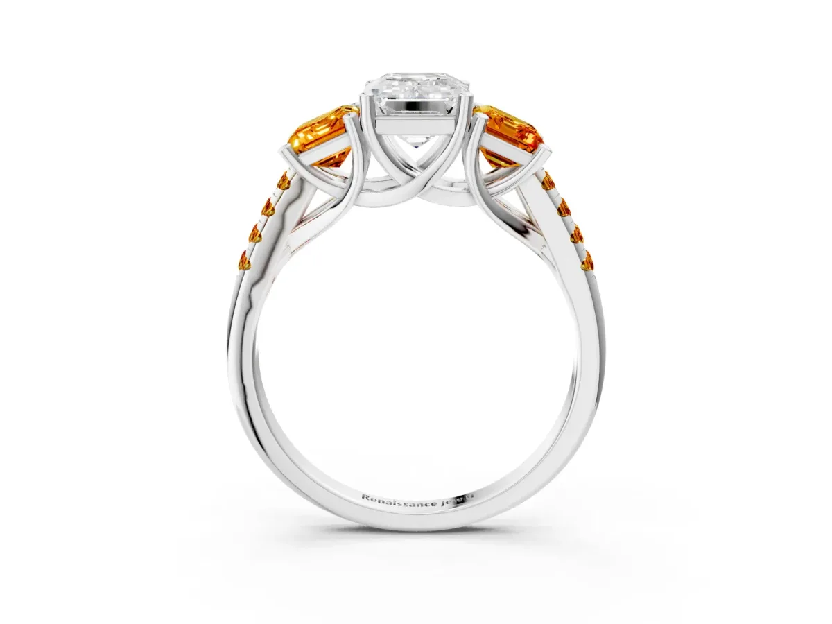 Three-Stone Emerald Cut Diamond Ring with Round Citrine Pavé Band and Prong Setting Silver