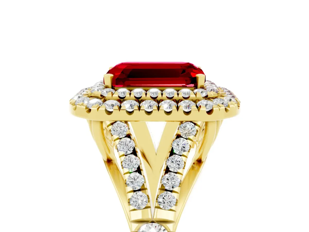 Double Halo Emerald Cut Ruby Split Shank Engagement Ring with Four-Prong Setting Yellow gold