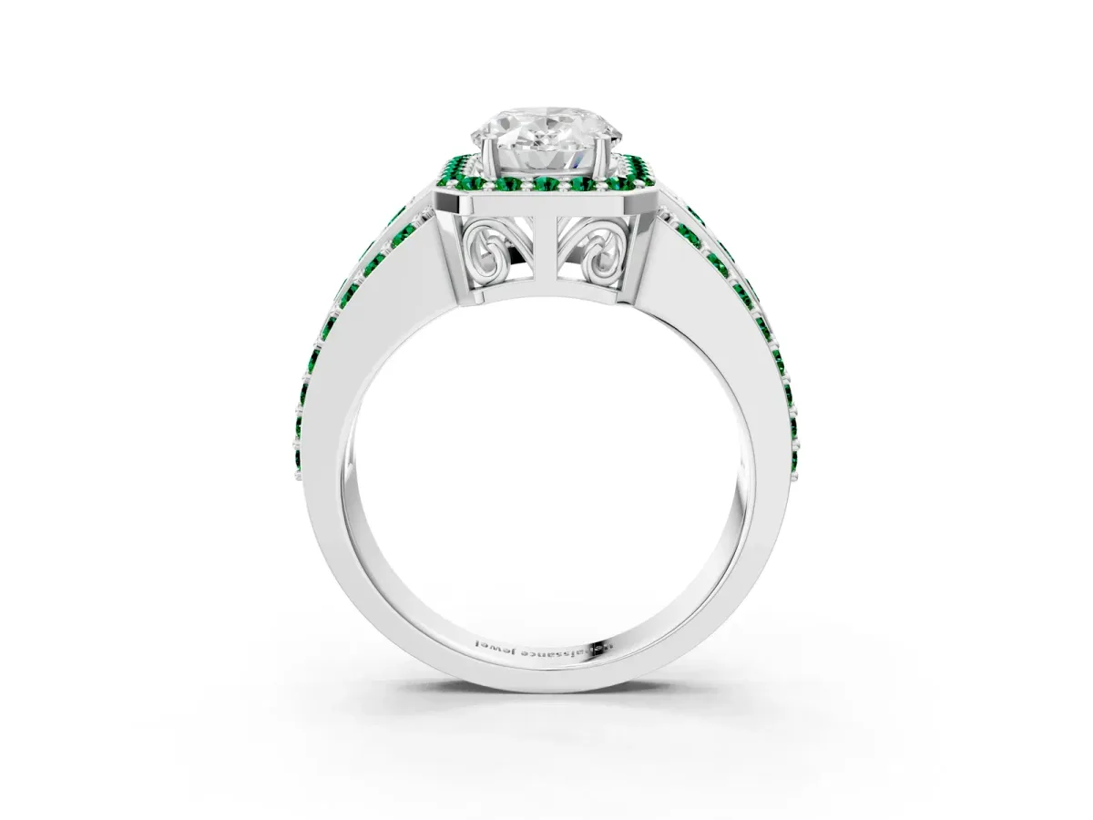 Oval Cut Halo Diamond Ring with Round Emerald Split Shank and Prong Setting Silver