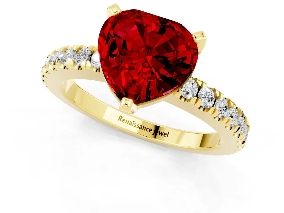 Heart Cut Solitaire Ruby with Pavé Band and Four-Prong Setting Yellow gold