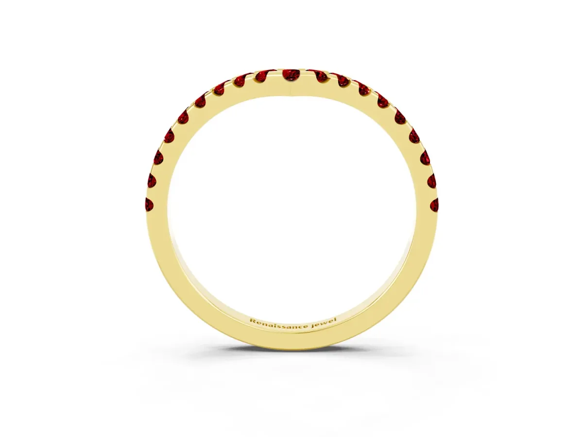 Pavé Round Ruby Chevron Band with Shared Prong Setting Yellow gold