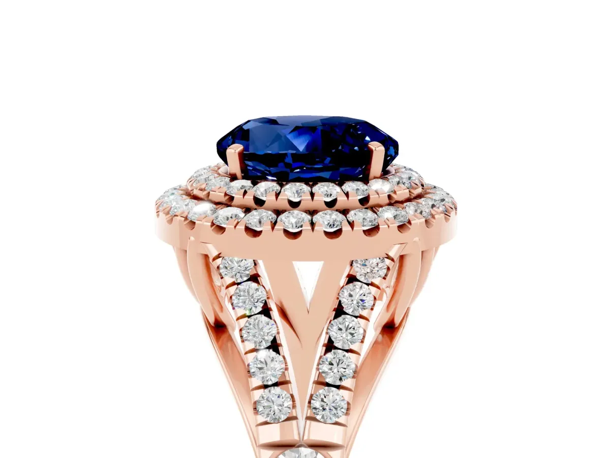 Round Cut Blue Sapphire Double Halo Ring with Split Shank and Prong Setting Rose gold