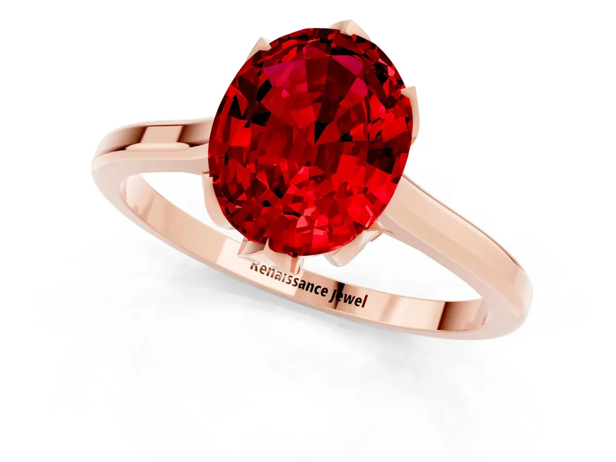 Oval Cut Ruby Solitaire Ring with Flower Prong Setting and Classic Band Rose gold