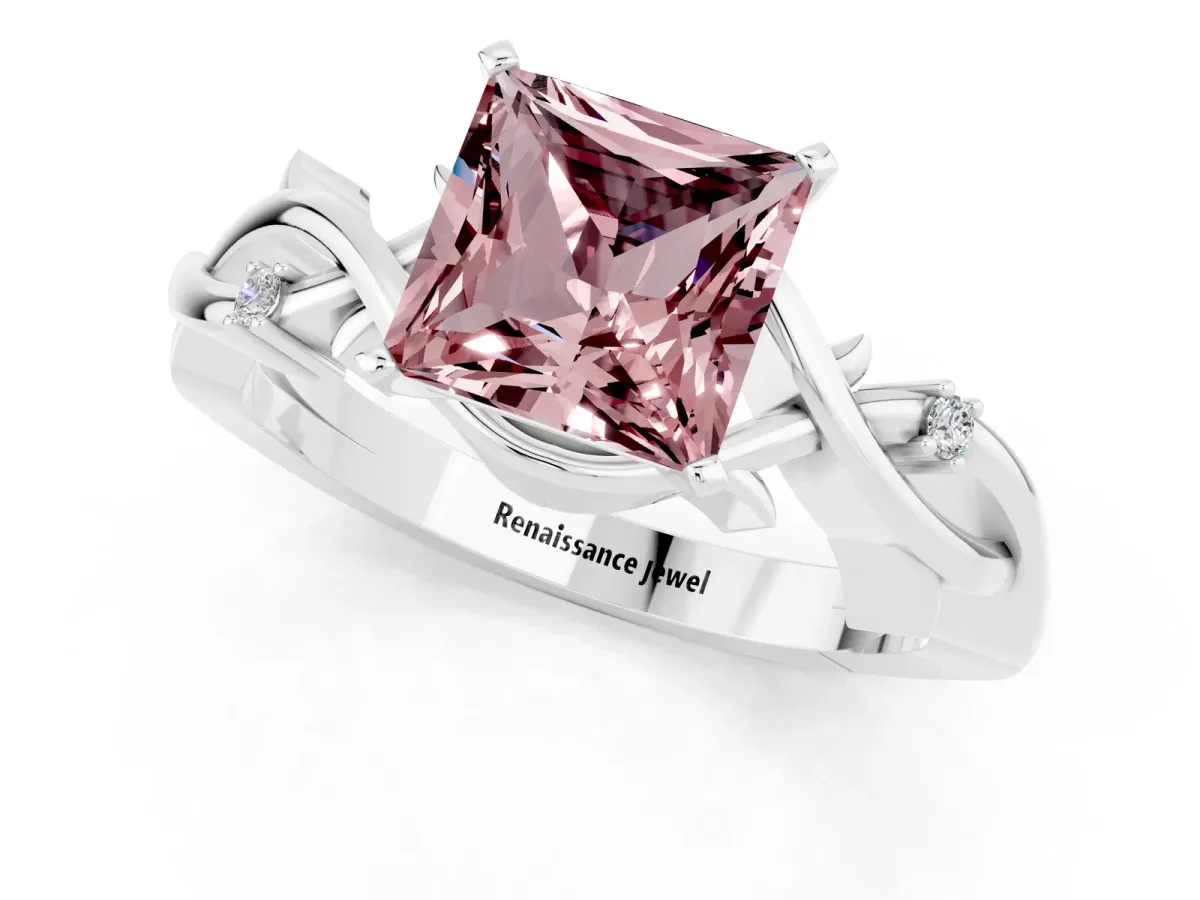 Princess Cut Morganite Solitaire Ring with Twisted Band and Prong Setting Silver
