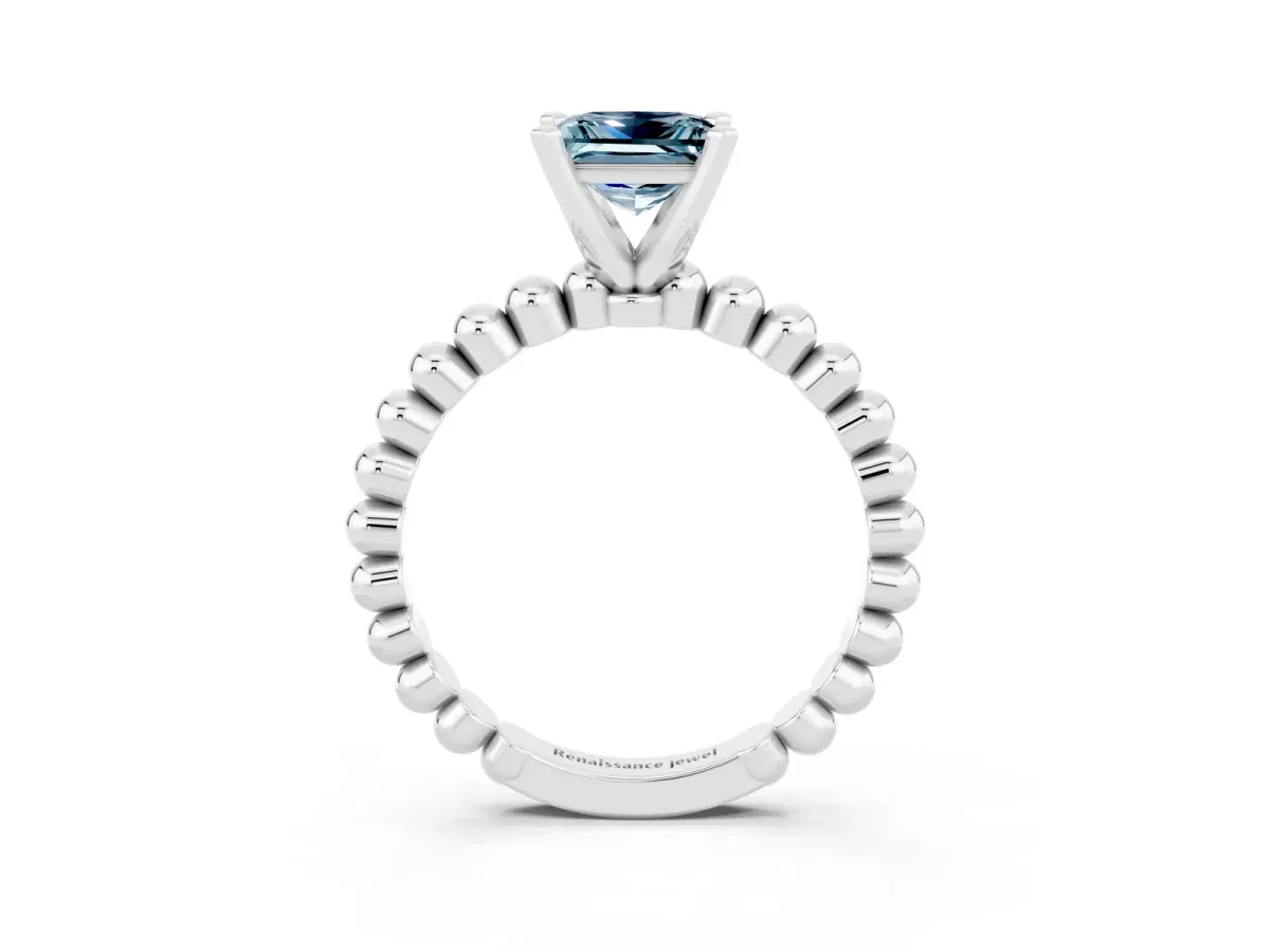 Princess Cut Aquamarine Solitaire Ring with Beaded Band and Prong Setting Silver