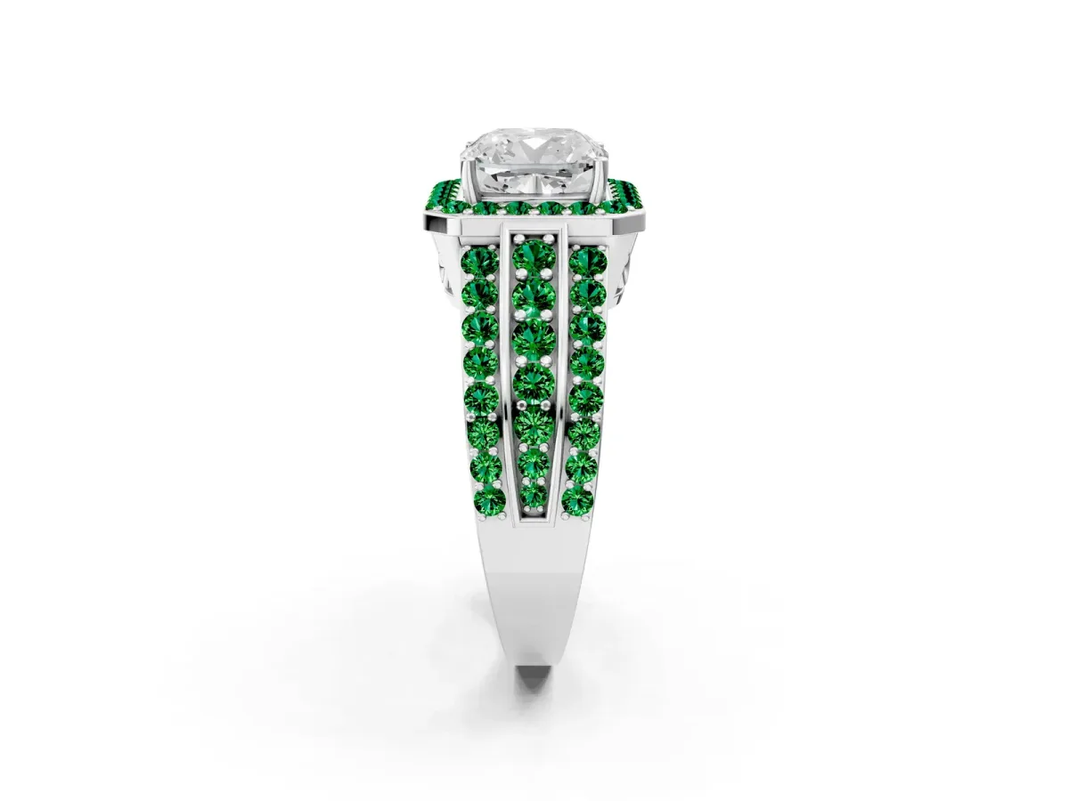 Cushion Cut Halo Diamond Ring with Round Emerald Split Shank and Prong Setting Platinum
