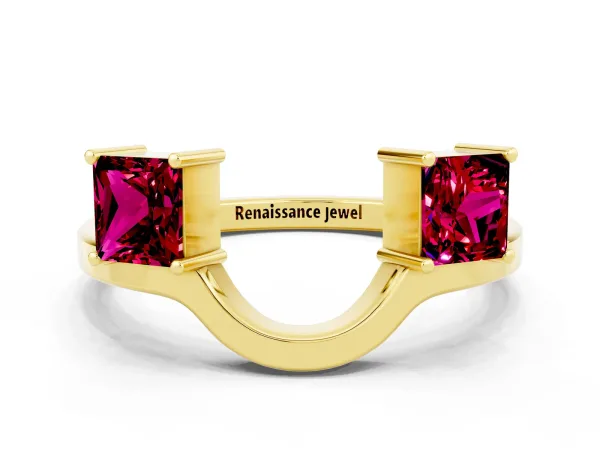 Princess Cut Garnet Two-Stone Open Band Ring with Four-Prong Setting Yellow gold