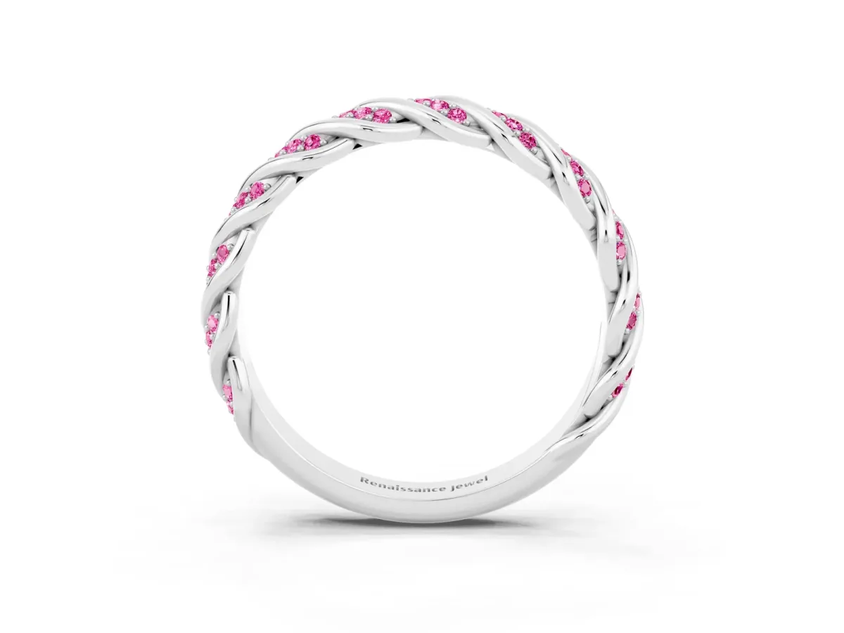 Twisted Pavé Round Pink Sapphire Eternity Band with Shared Prong Setting Silver