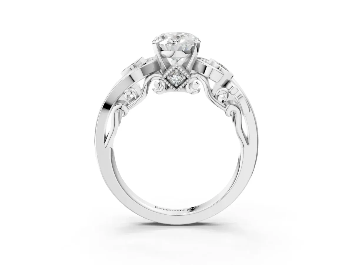 Oval Cut Diamond Solitaire Ring with Milgrain Pavé Band and Four-Prong Setting Silver