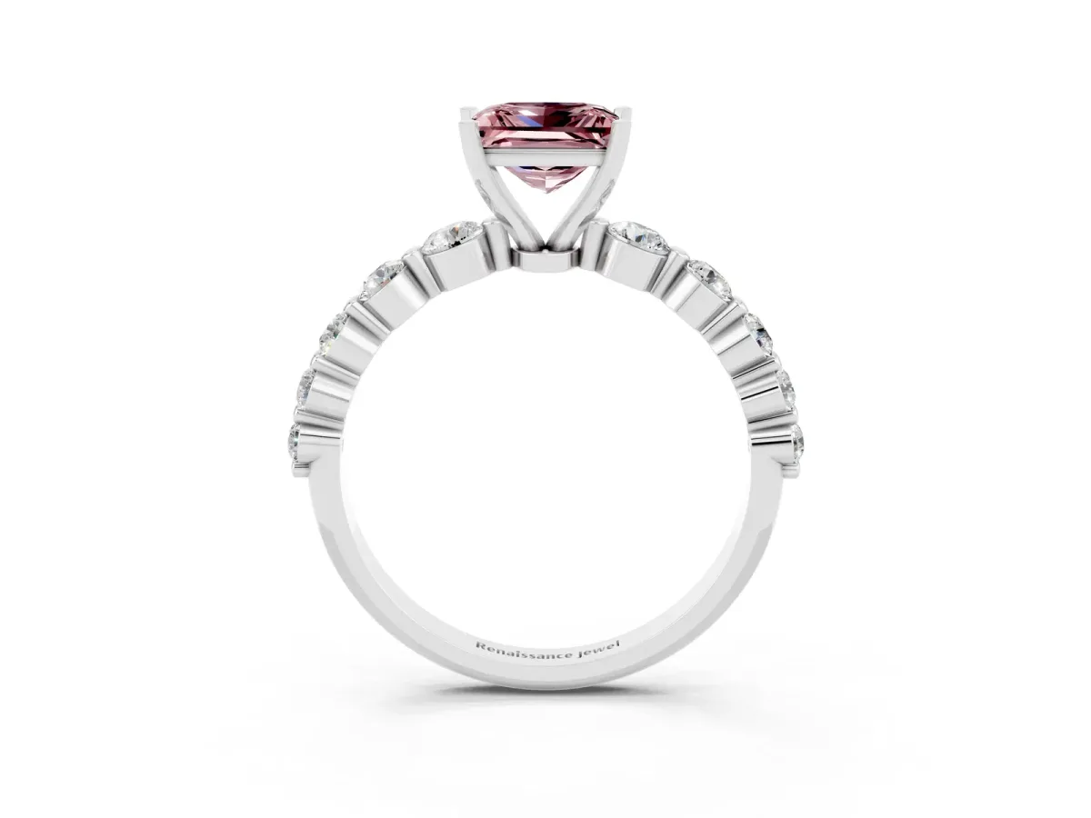 Princess Cut Solitaire Morganite Ring with Pave Band and Four-Prong Setting Silver