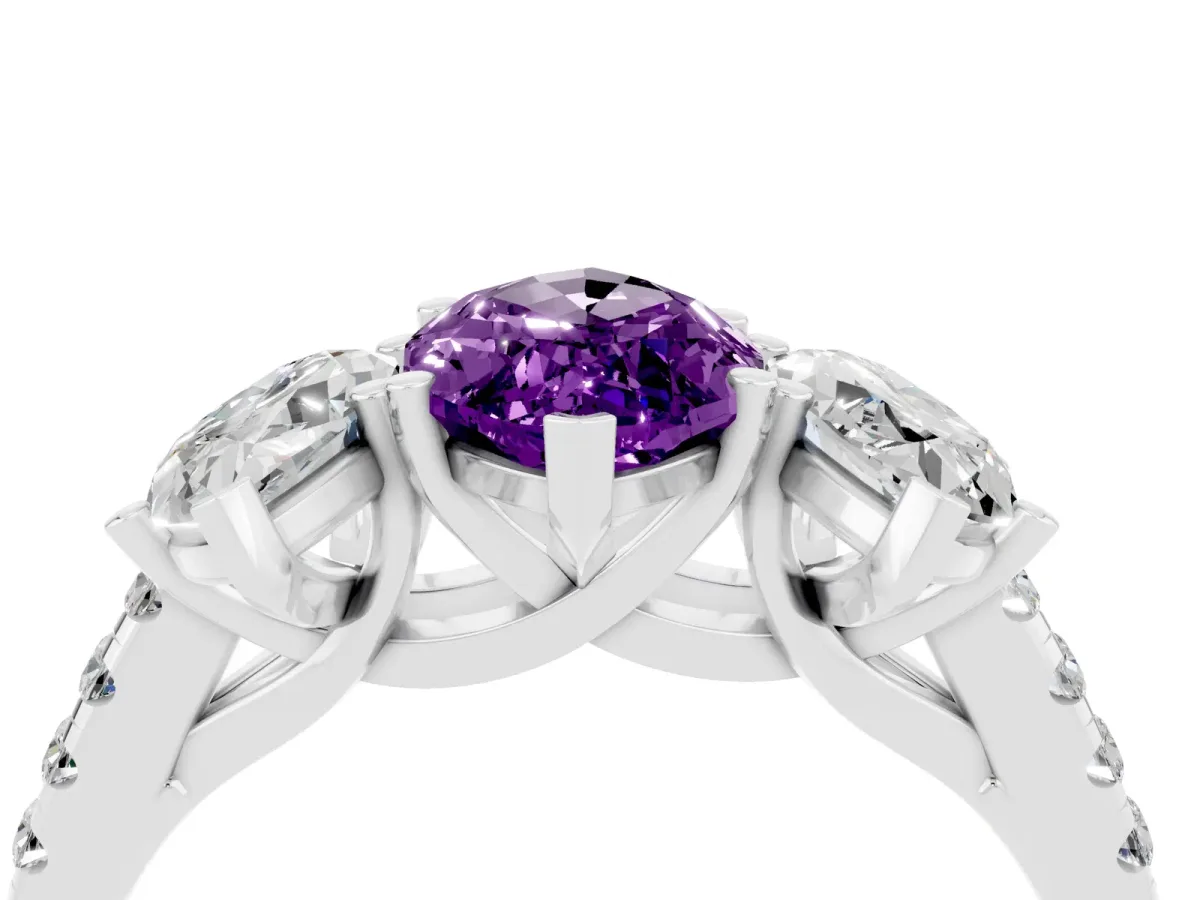 Three-Stone Marquise Cut Amethyst Ring with Round Pavé Band and Prong Setting Platinum