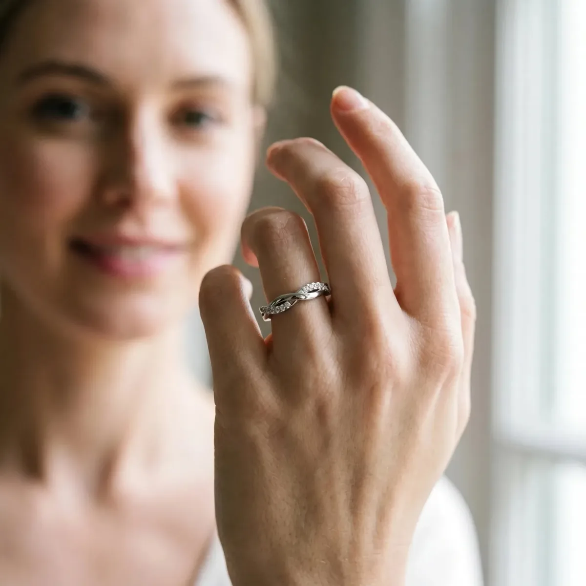 Round Diamond Twisted Infinity Band with Prong Setting Silver
