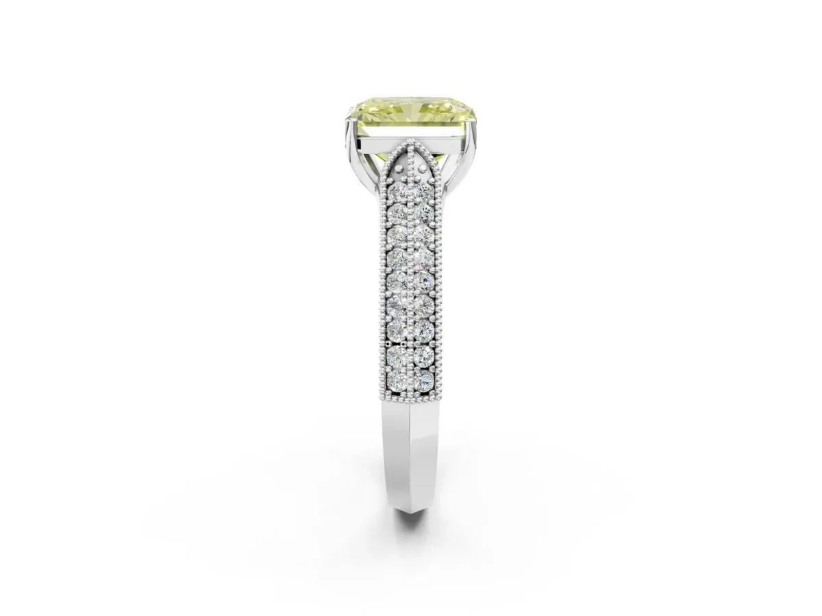 Fancy Yellow Radiant Cut Cut Pave Split Shank Engagement Ring with Four-Prong Setting Platinum