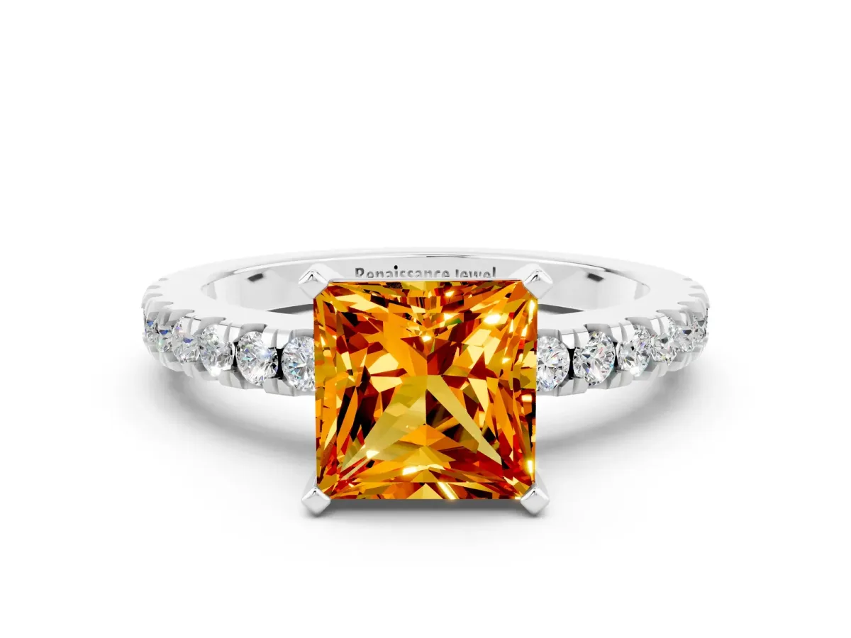 Princess Cut Solitaire Citrine with Pavé Band and Four-Prong Setting Silver
