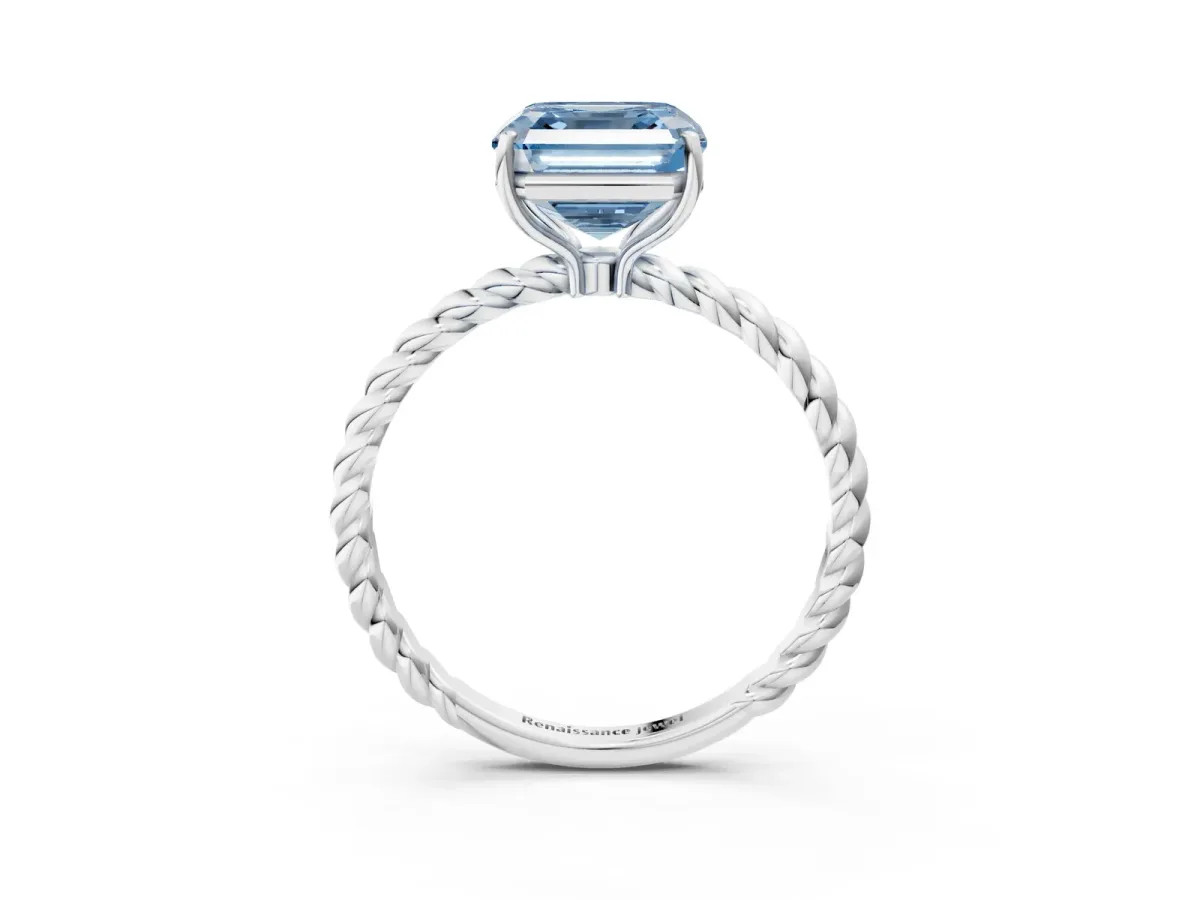Fancy Blue Asscher Cut Solitaire Twisted Band 4-Prong Ring Platinum