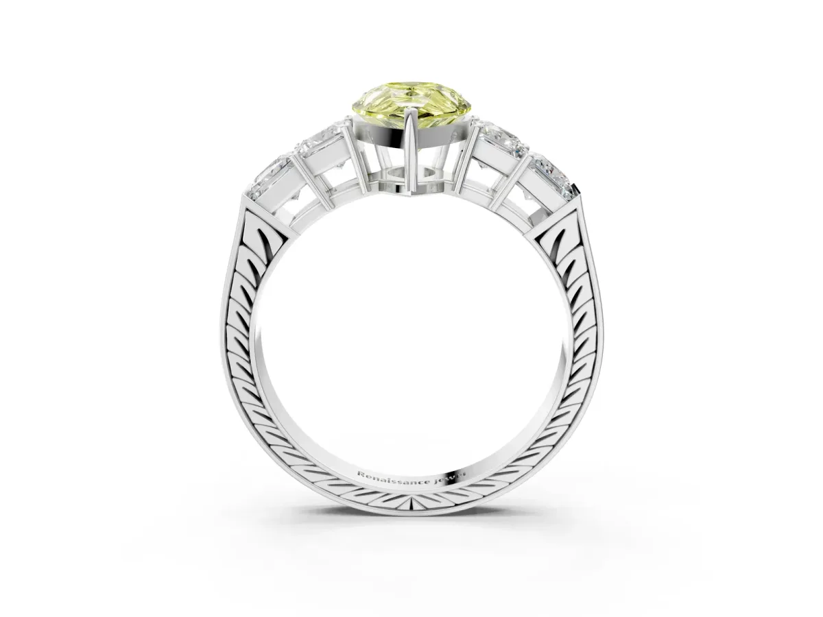 Fancy Yellow Pear Cut Solitaire Princess Side Stone Engraved Band Prong Setting Ring Silver