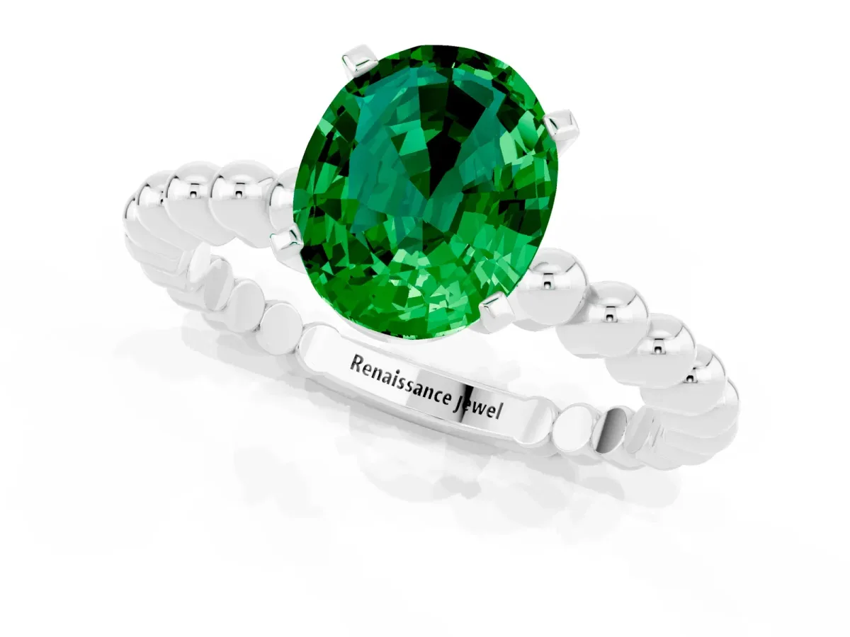 Oval Cut Emerald Solitaire Ring with Beaded Band and Prong Setting Silver