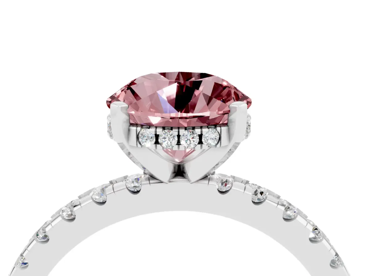 Round Cut Morganite Solitaire Ring with Round Pavé Band and Four-Prong Setting Silver