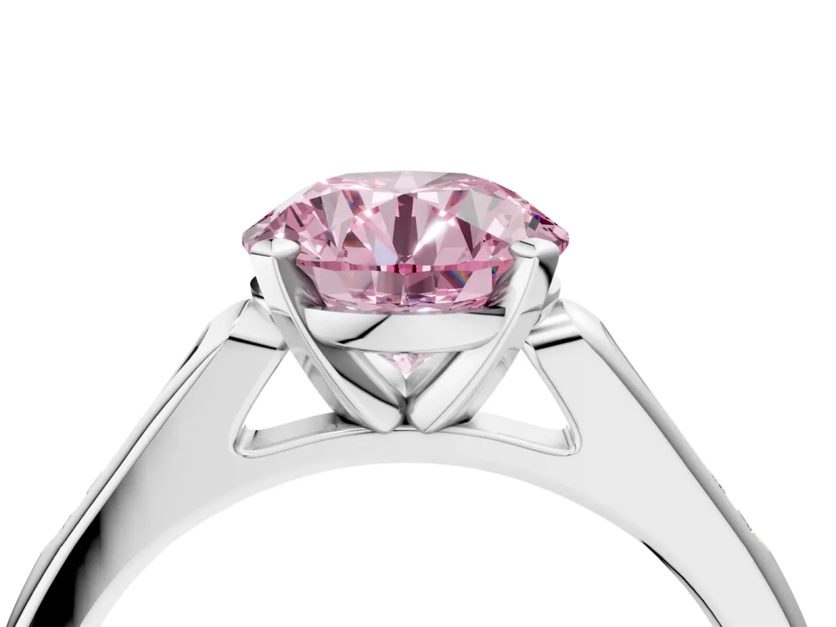 Fancy Pink Round Cut Diamond Solitaire Ring with Channel Set Round Band and Prong Setting Silver