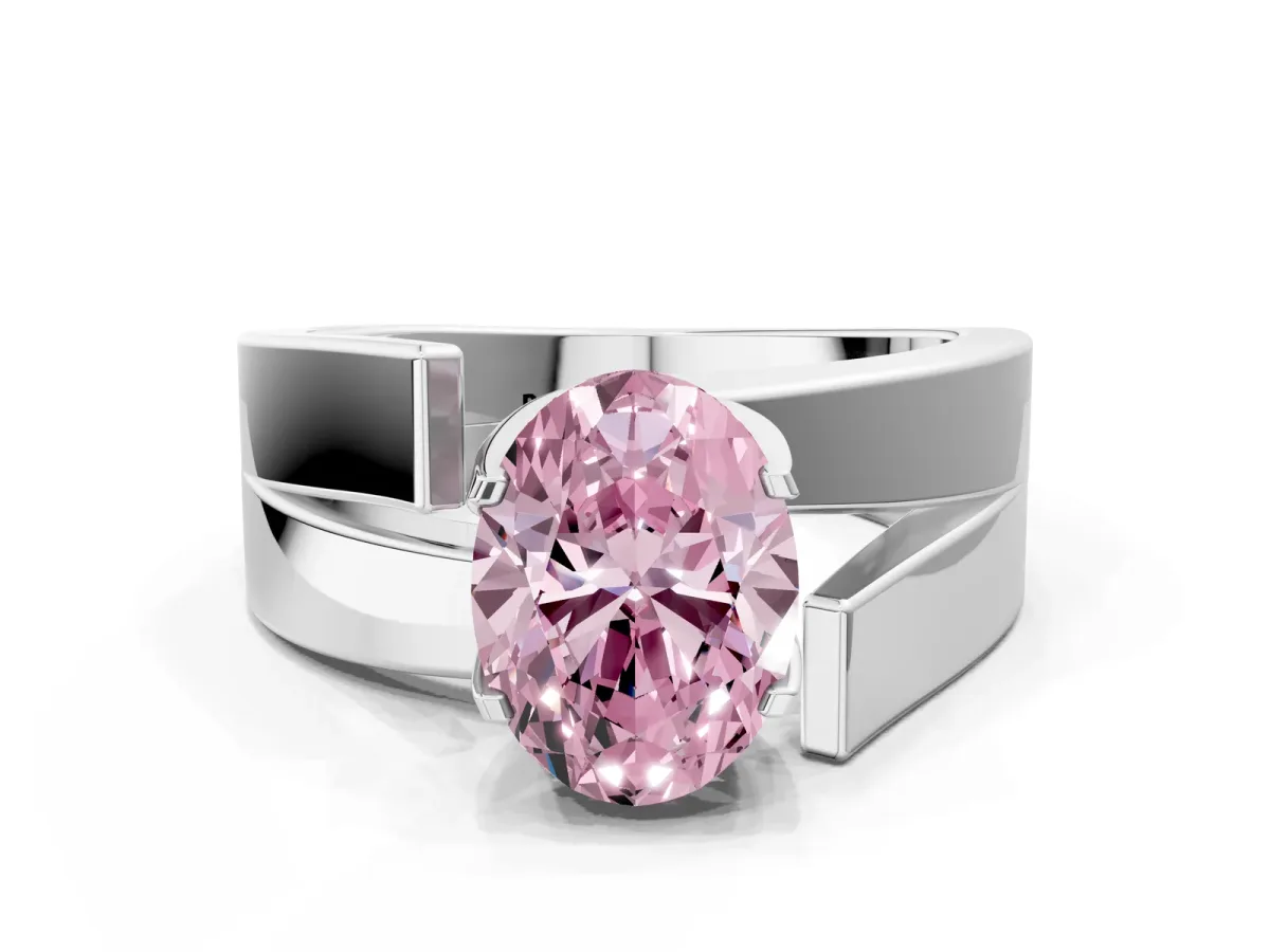 Fancy Pink Modern Tension Set Oval Cut Diamond Solitaire Wide Band Ring Silver