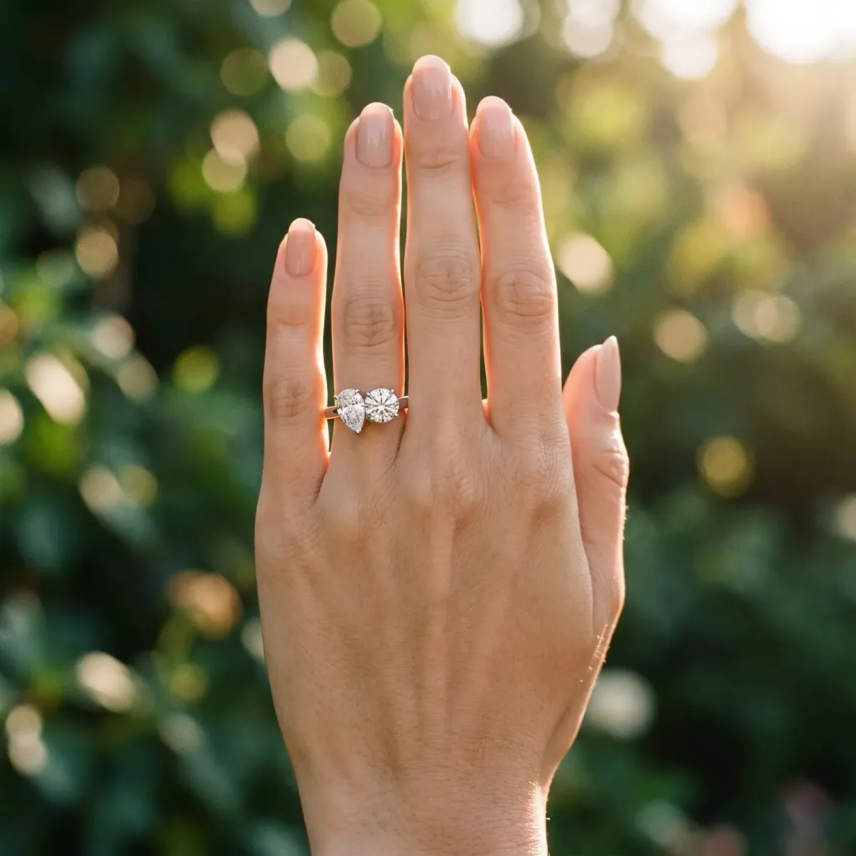 Round and Pear Toi Moi Ring with Prong Setting and Plain Band Platinum