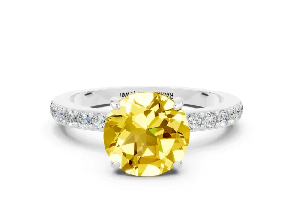 Round Cut Yellow Sapphire Solitaire Engagement Ring with Pavé Band and Four-Prong Setting Platinum