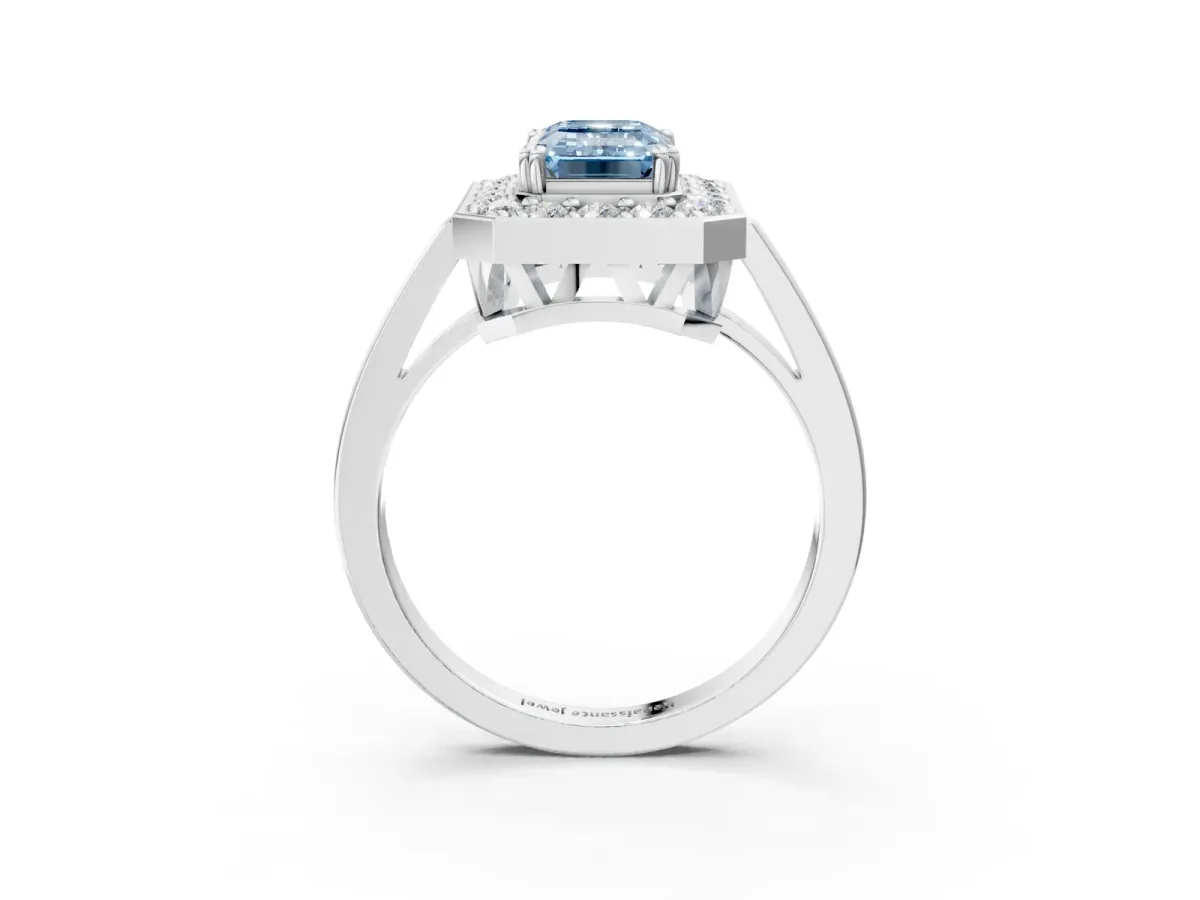 Fancy Blue Emerald Cut Diamond Halo Ring with Split Shank and Four-Prong Setting White gold