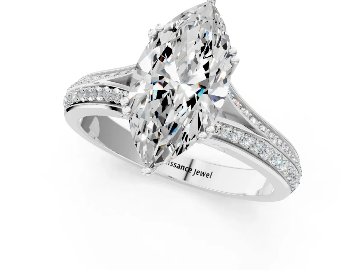 Marquise Cut Diamond Split Shank Engagement Ring with Pavé Band White gold