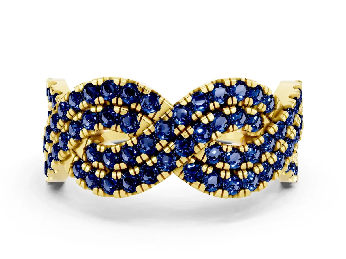 Pavé Round Blue Sapphire Infinity Twist Band with Shared Prong Setting Yellow gold