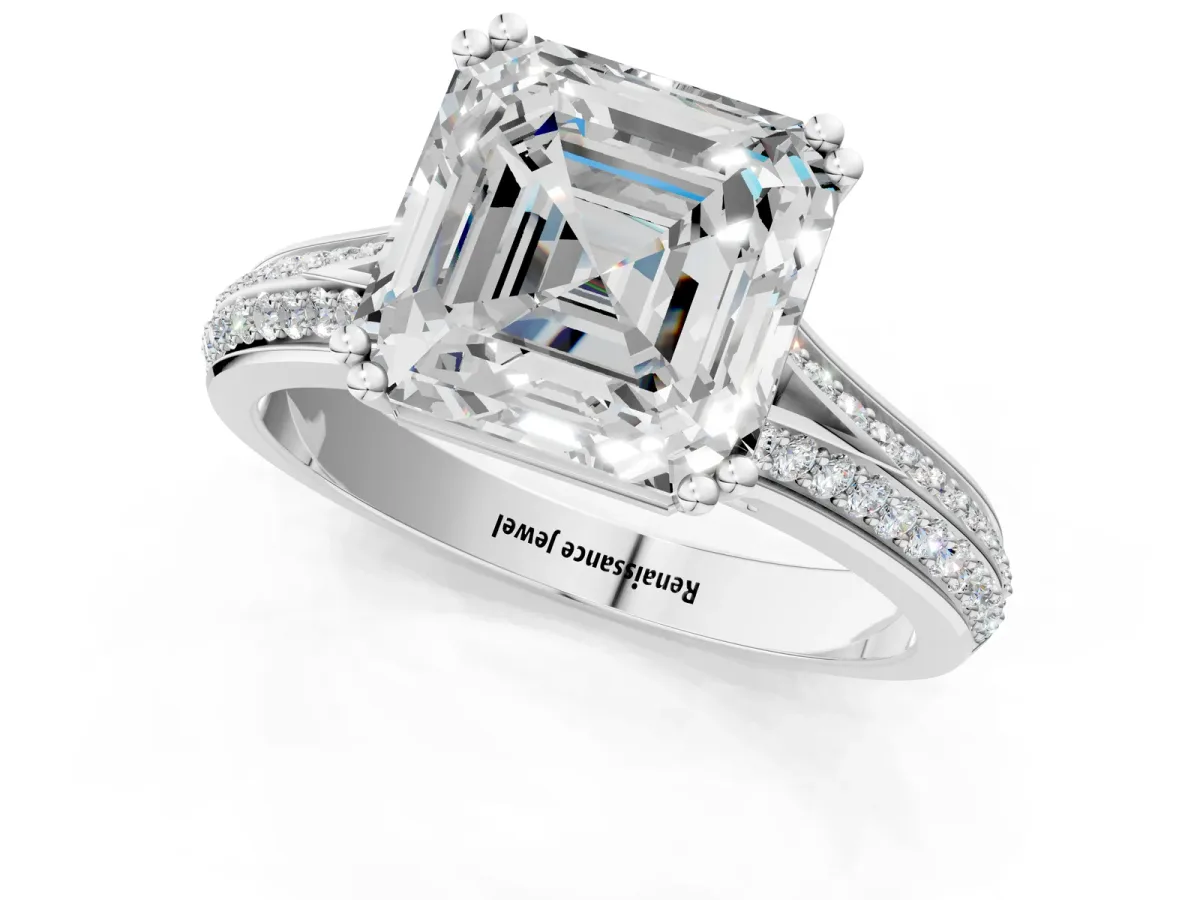 Asscher Cut Diamond Split Shank Engagement Ring with Pavé Band Platinum