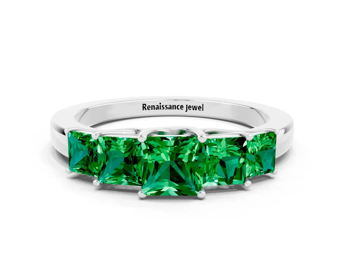 Princess Cut Five-Stone Emerald Ring with Classic Prong Setting White gold