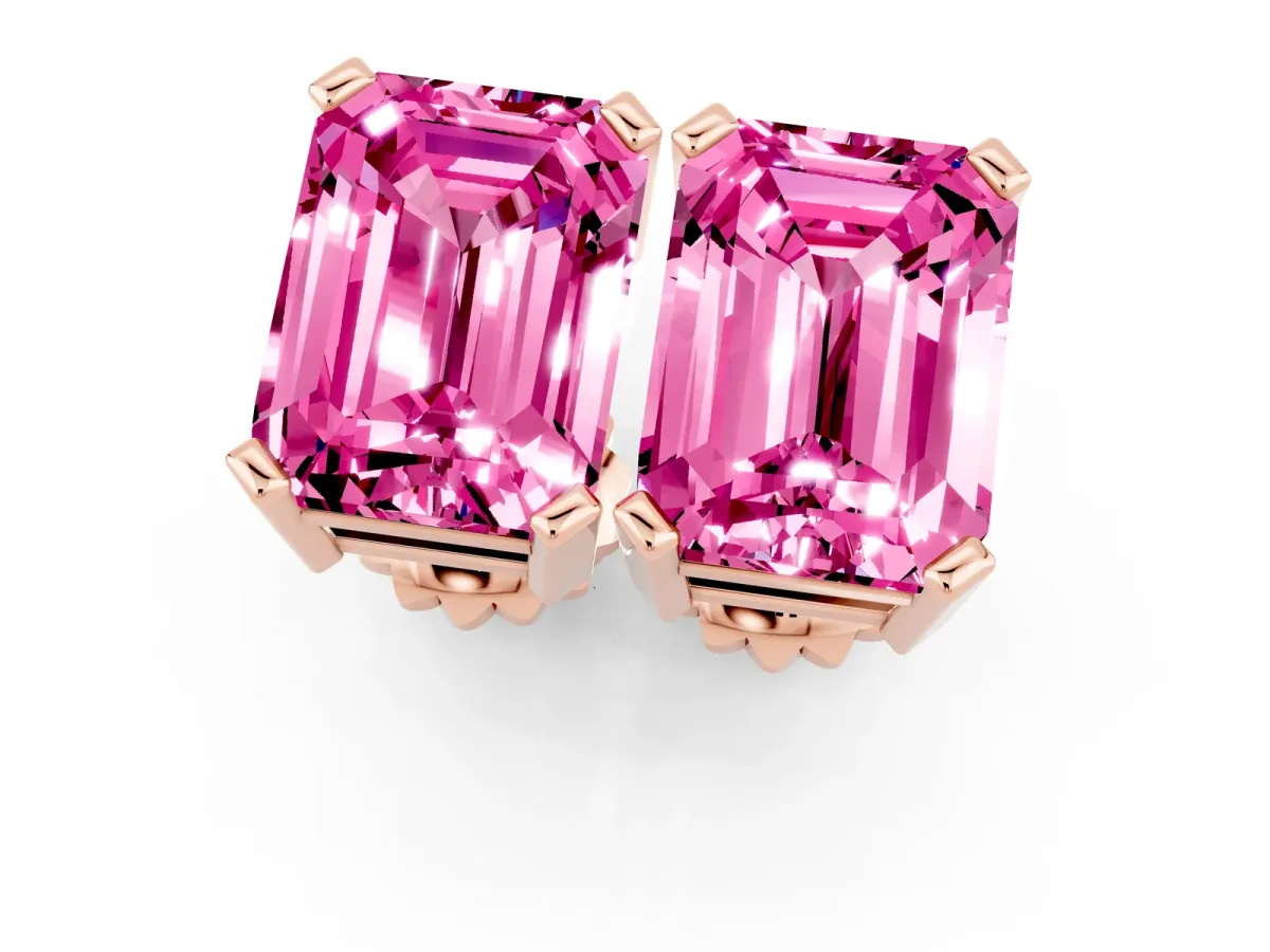 Emerald Cut Pink Sapphire Stud Earrings Rose gold