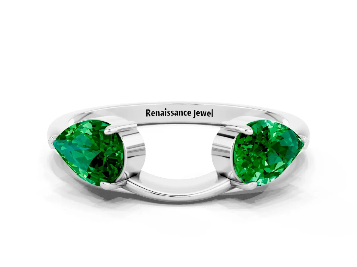 Two-Stone Pear Emerald Bypass Ring with Prong Setting Platinum