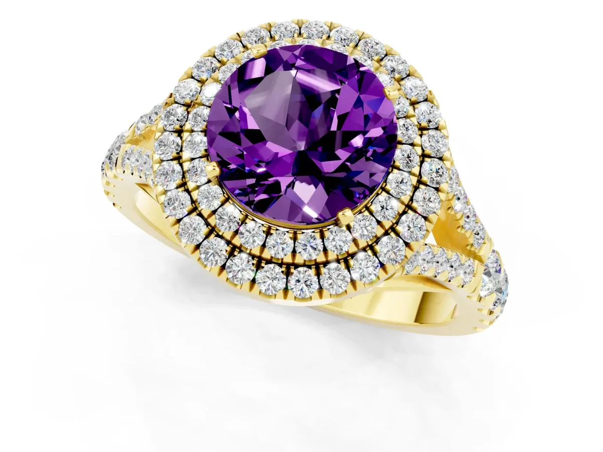 Round Cut Amethyst Double Halo Ring with Split Shank and Prong Setting Yellow gold