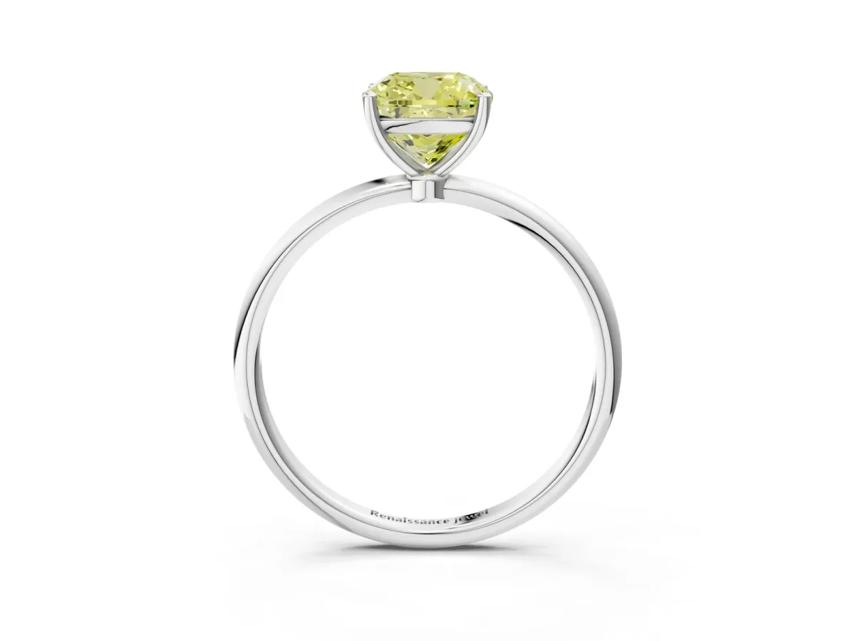 Fancy Yellow Cushion Cut Cut Solitaire Engagement Ring with Thin Band and Four-Prong Setting Silver