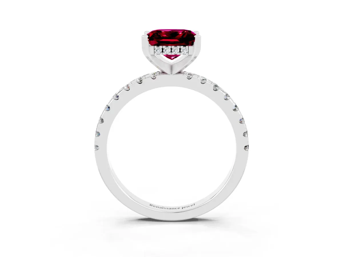 Princess Cut Garnet Solitaire Ring with Round Pavé Band and Four-Prong Setting Silver