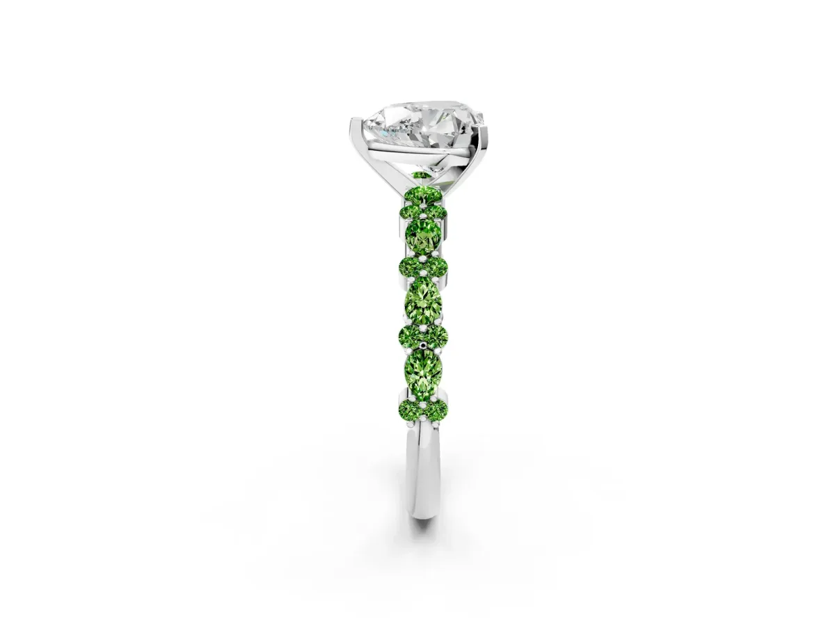 Heart Cut Diamond Side Stone Solitaire Ring with Round Peridot and Four-Prong Setting Platinum