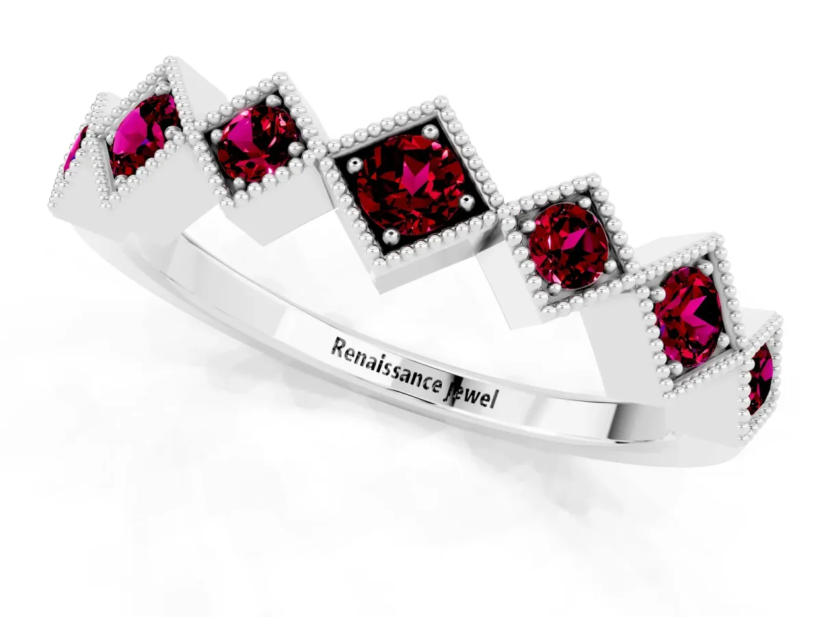Milgrain Square Bezel Round Garnet Chevron Band Silver