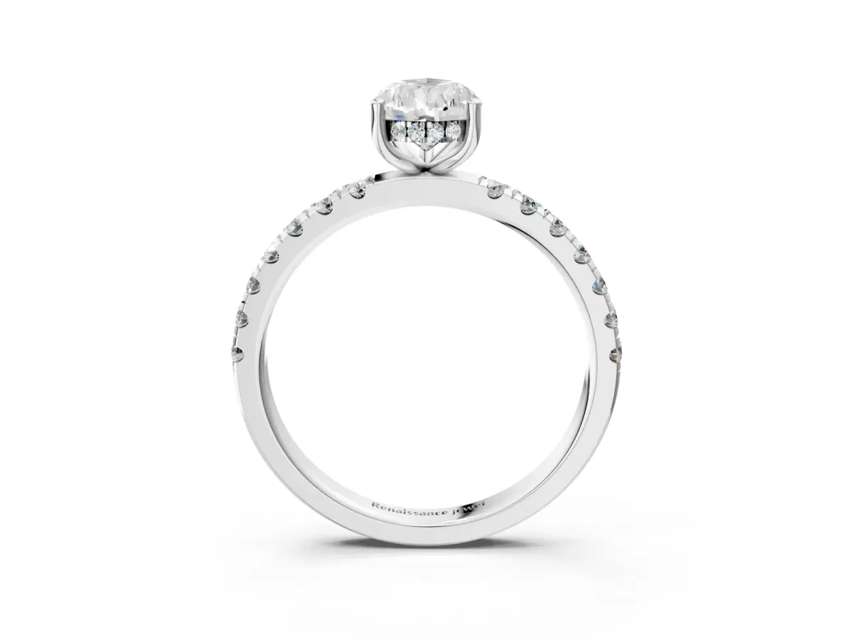Pear Cut Diamond Pave Band Solitaire Ring with Round and Prong Setting Platinum