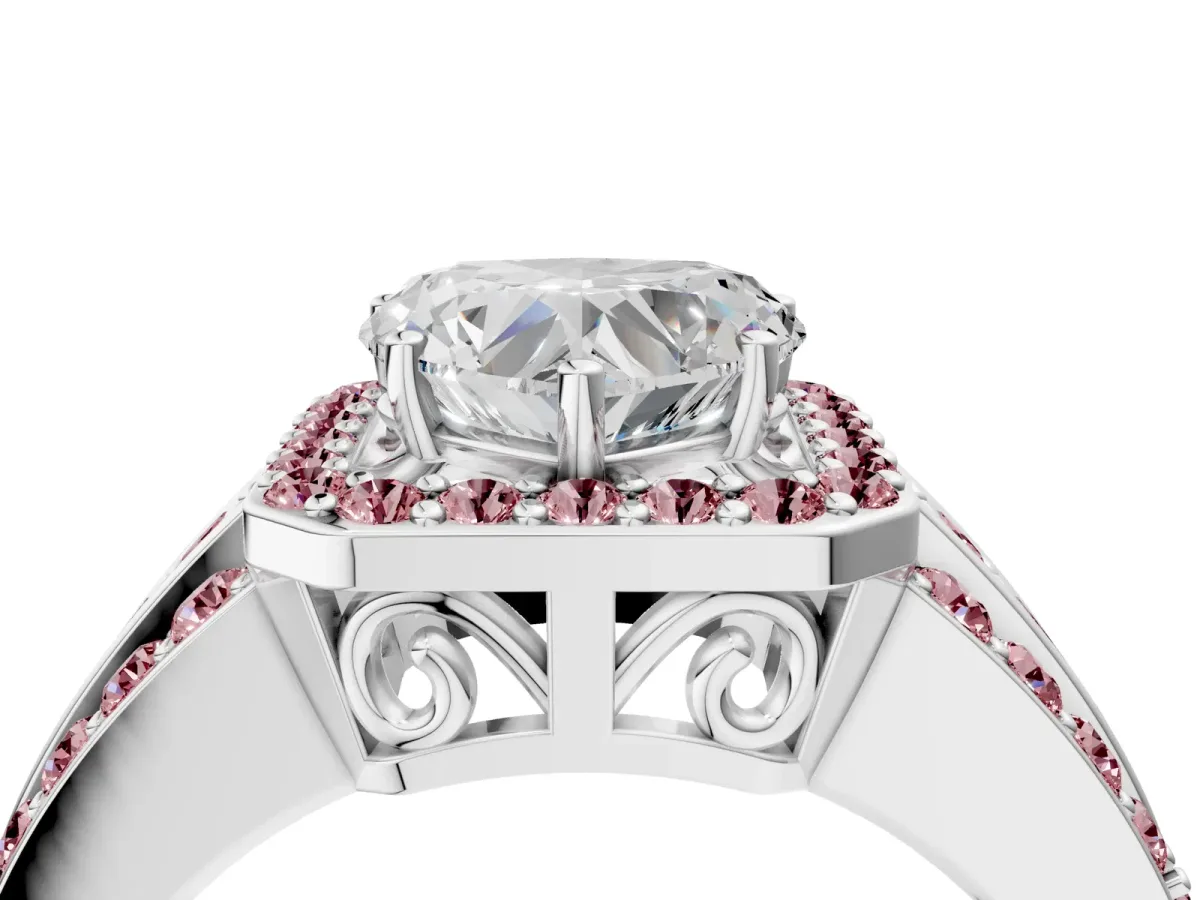 Heart Cut Halo Diamond Ring with Round Morganite Split Shank and Prong Setting Silver