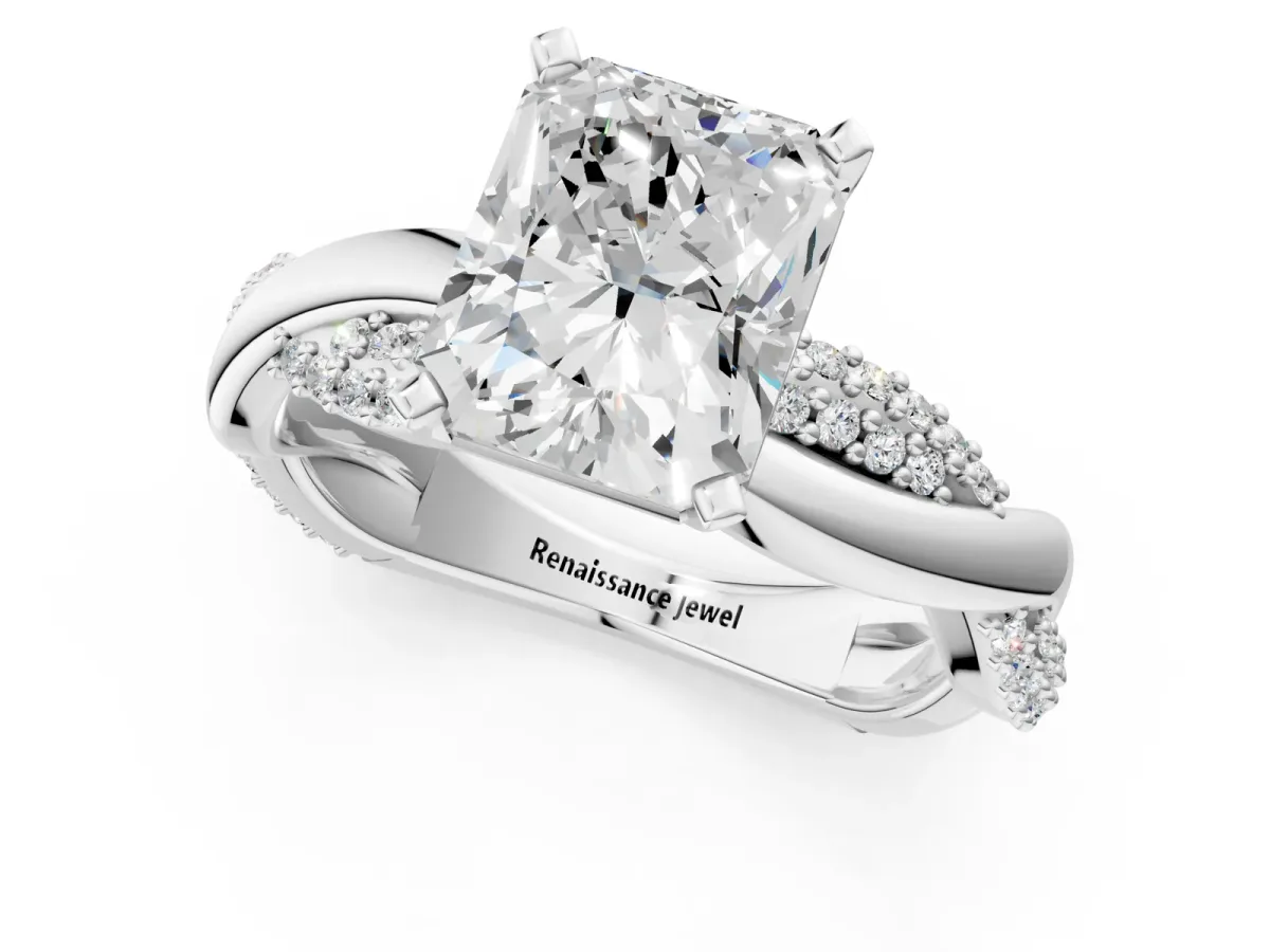 Radiant Cut Solitaire Twist Band with Pave Prong Setting Platinum