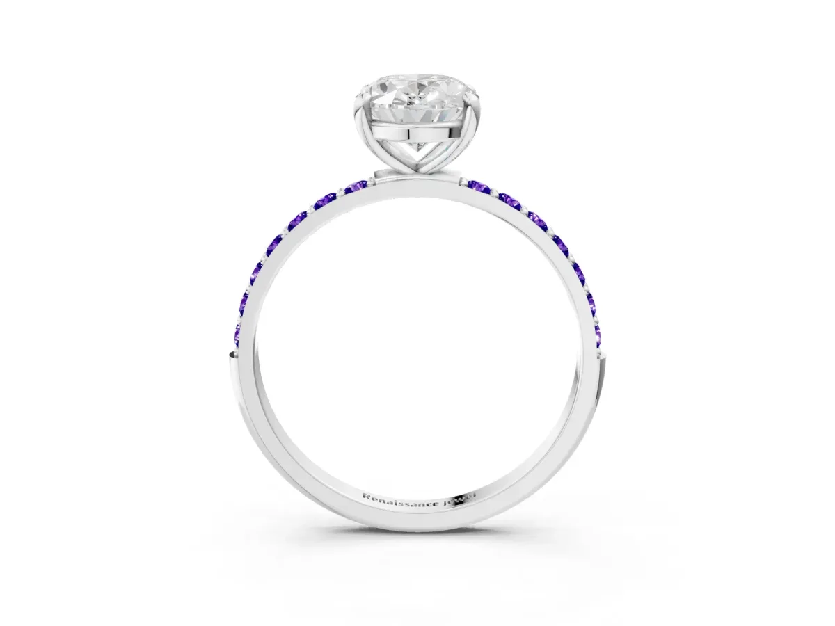 Oval Cut Diamond Solitaire Ring with Round Tanzanite Pavé Band and Prong Setting Silver
