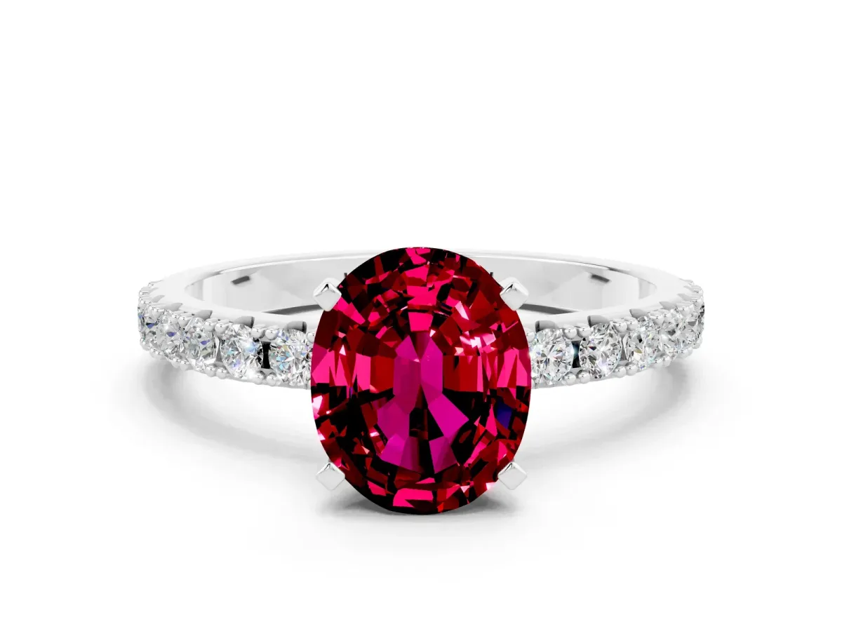 Oval Cut Garnet Solitaire Pavé Band with Four-Prong Setting White gold