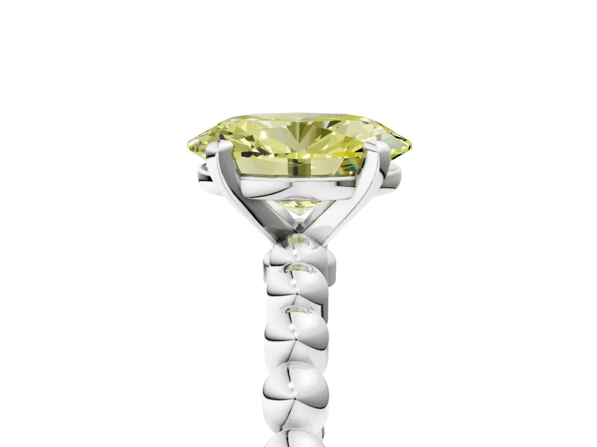 Fancy Yellow Oval Cut Diamond Solitaire Ring with Beaded Band and Prong Setting Silver