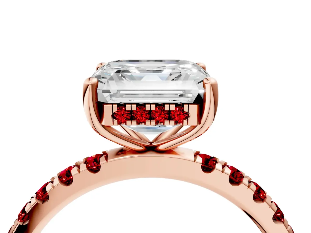 Asscher Cut Diamond Pave Band Solitaire Ring with Round Ruby and Prong Setting Rose gold
