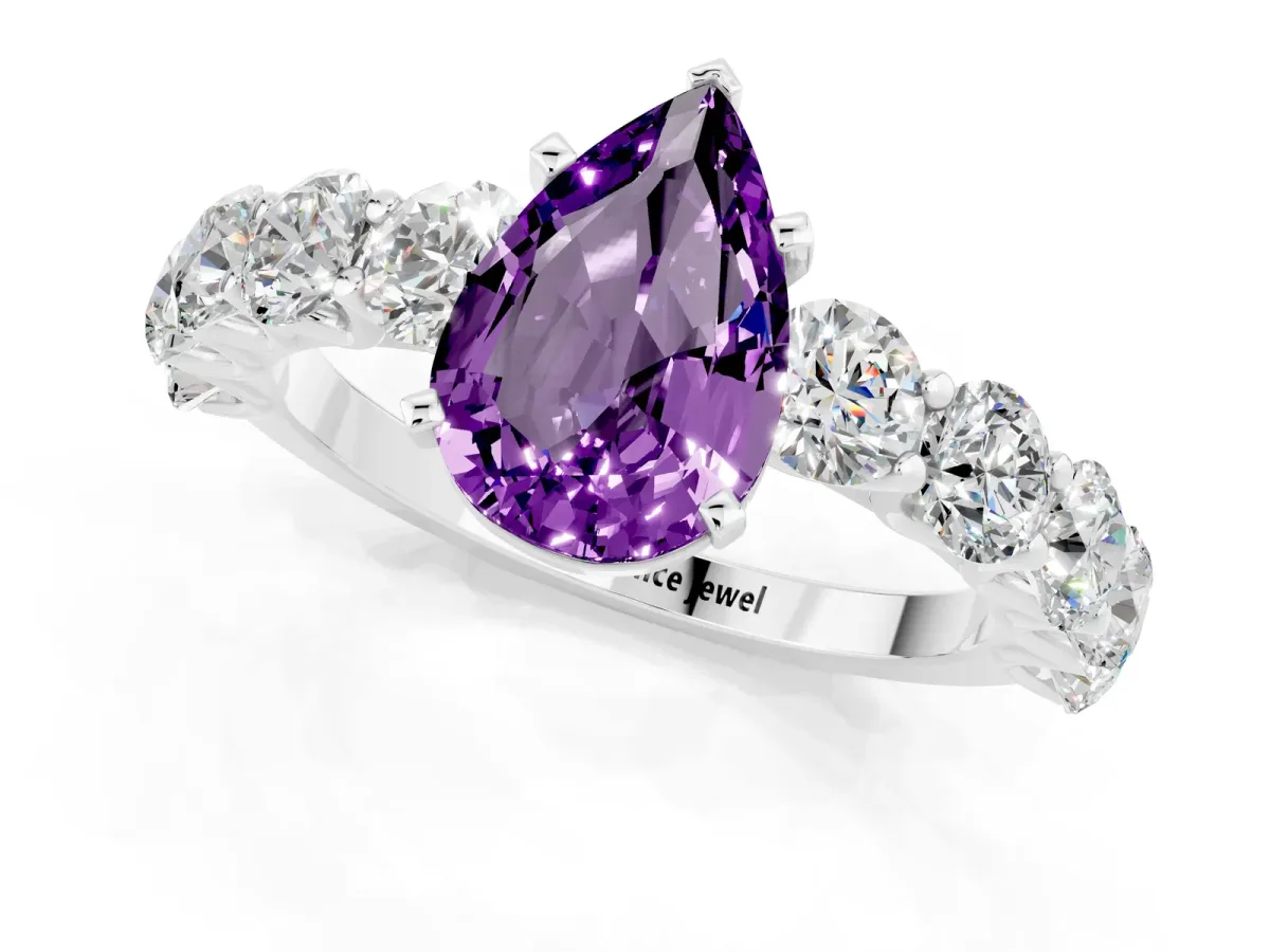 Pear Cut Amethyst Prong Setting with Side Stones on a Pave Band Silver